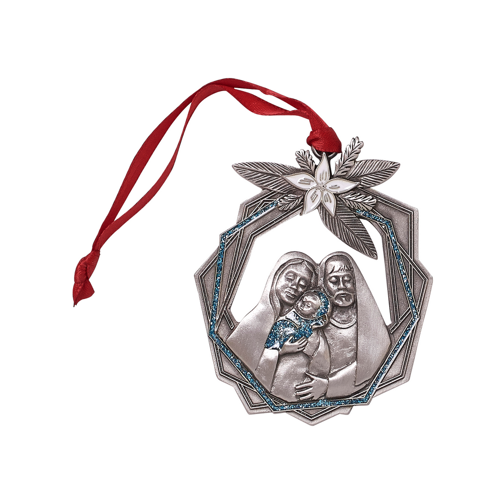 Pewter like Christmas ornament of faith with holy family