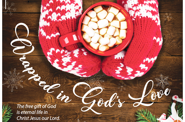 Mittened hands holding a mug of hot chocolate - Wrapped in God's Love product line